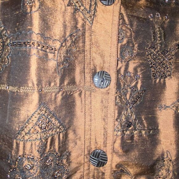 Chico’s Design 100% Silk Embroidery Blazer Jacket Size 2 (Large) Brown Beaded - Picture 11 of 15